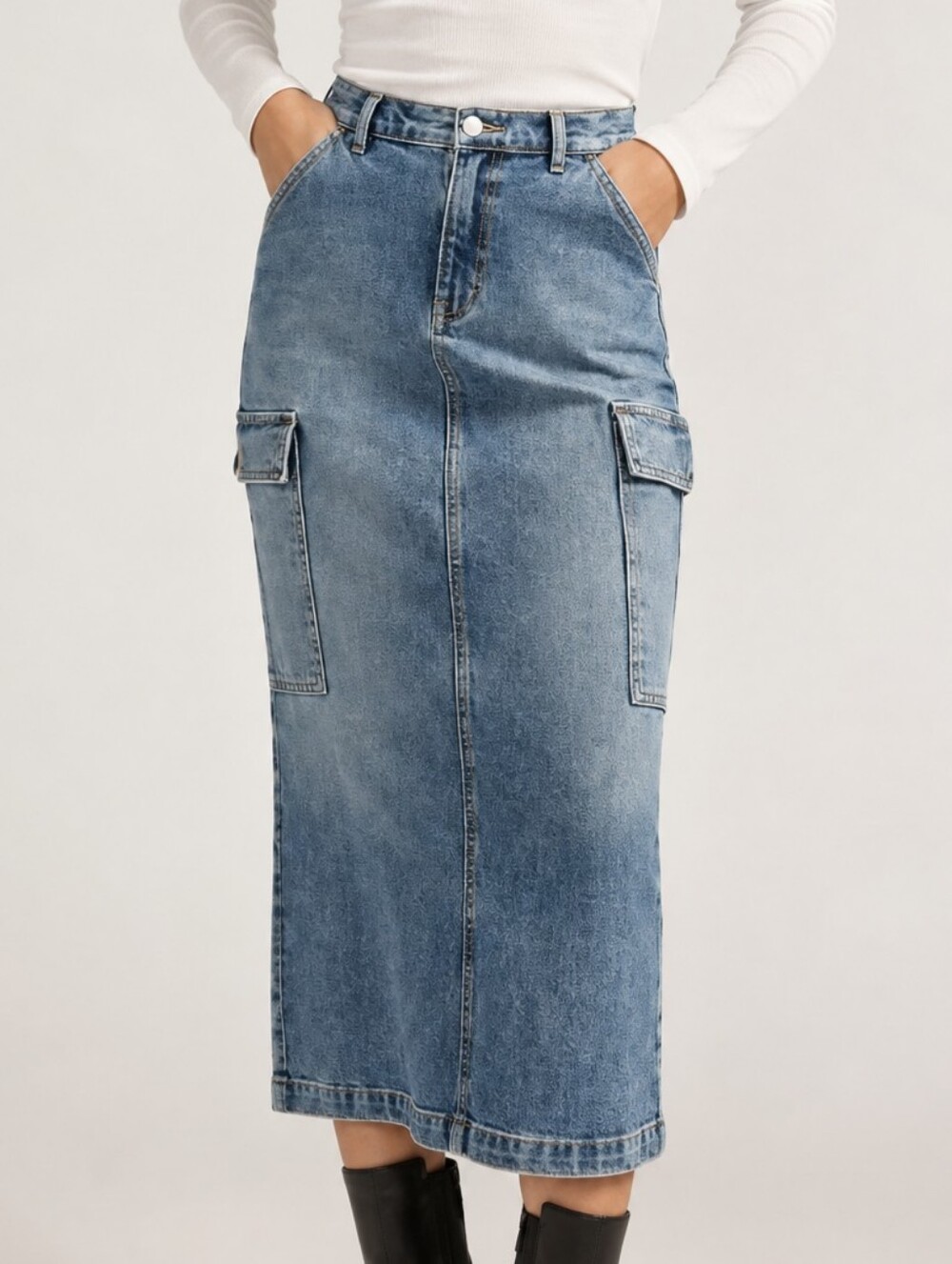 Silver Jeans Co Cargo High Rise Denim Midi Skirt Pockets Back Slit 30 Waist
